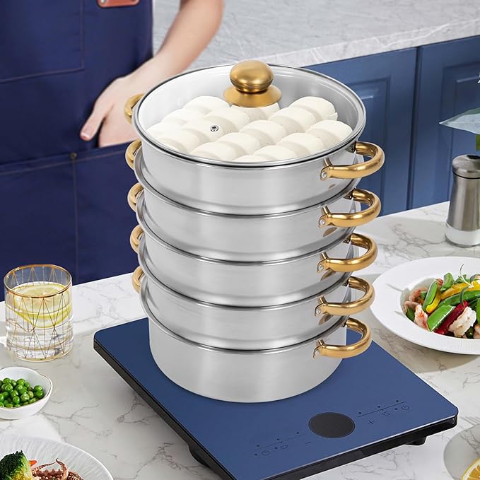 Stainless Steel Steamer Pot, 11.8-Inch Steamer for Cooking, 5-Tier Food Steam Pots with Lid for Cooking Vegetables, Seafood, Soups, Stews, Dumplings and Pasta
