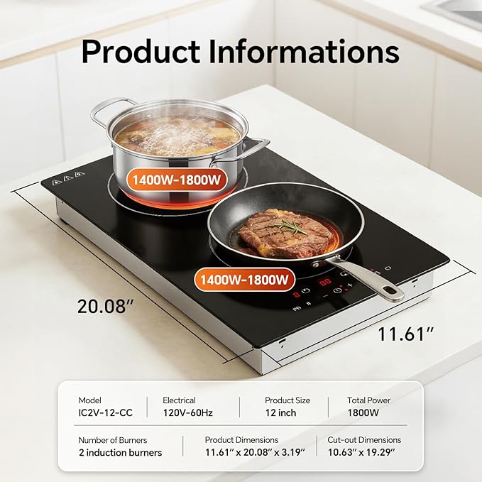 Ranein Induction Cooktop 12 Inch, Build-in 2 Burners Electric Stove Top, 9 Power Settings, Max 1800W, Sensor-Control Induction Hob with Multiple Safety Protections, Compatible with Magnetic Cookers