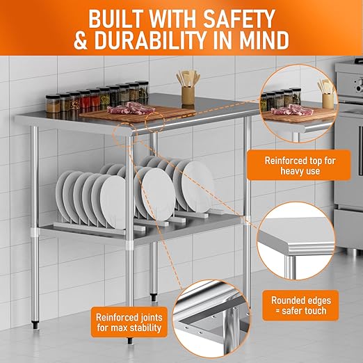Stainless Steel Table for Food Prep & Work 24 x 36 inches Utility Table with Adjustable Undershelf, Commercial Workstation in Kitchen, Garage, Outdoor BBQ