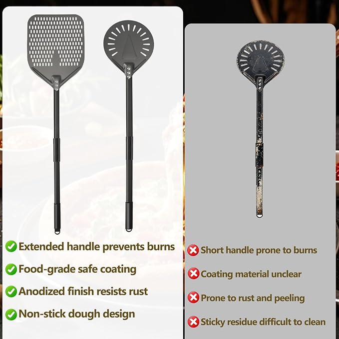 4 Piece Pizza Oven Kit (Extended Edition) Pizza Turning Peel 9 Inch Perforated Pizza Peel 12 Inch 40 Inch Aluminum Handle Pizza Oven Brush and Ash Rake Pizza Peel Set Pizza Oven Tools Kit