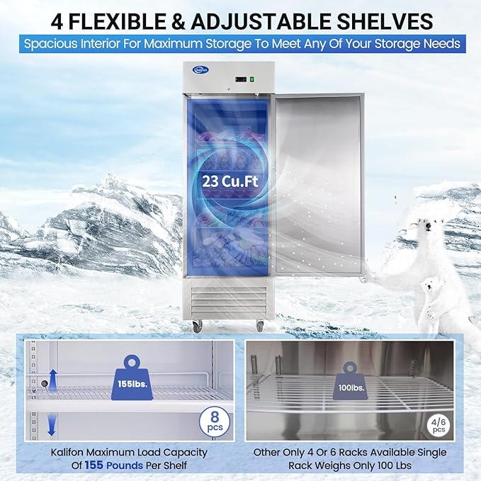 Commercial Freezer, 27"W Commercial Refrigerators, 23 Cu.Ft Commercial Reach in Stainless Steel Freezer, Commercial Freezer Upright with 4 Shelves for Restaurant, Bar, Supermarket