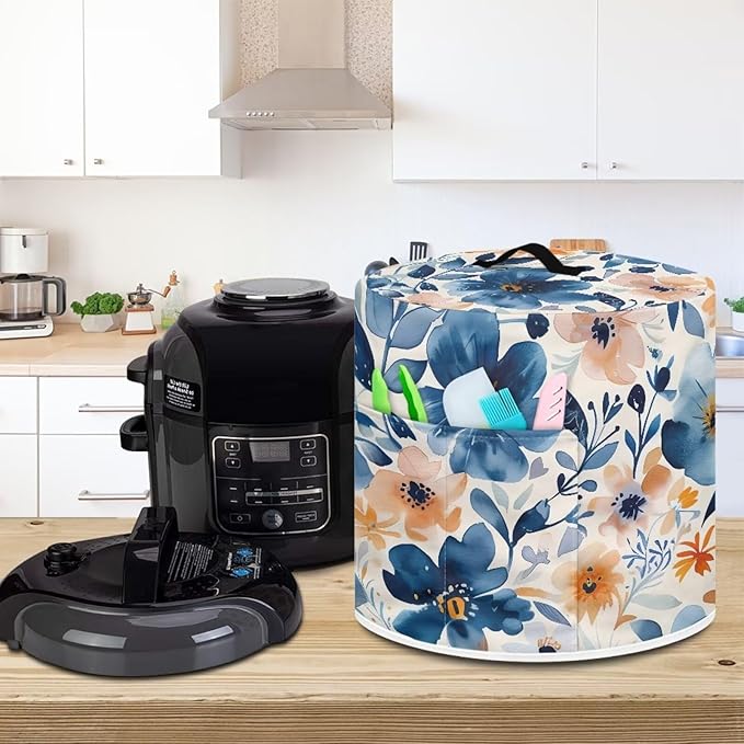 TODIYADDU Ink Blue Flower Pressure Cooker Cover with Pocket Graphic Painting Air Fryer Cover Dust Cover Insulated Kitchen Appliance Cover Protector for Pressure Cooker Accessories