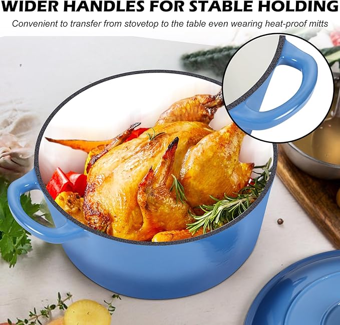 TeamFar 5Qt Dutch Oven, Enameled Cast Iron Dutch Oven with Lid & Dual Handles for Cooking Baking Braising Simmering, Healthy & Sturdy, Oven & Various Stovetops Safe, Non-stick & Easy Clean - Blue