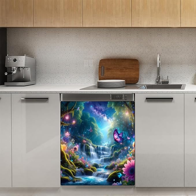 Dishwasher Magnet Cover Forest Flower Water Dishwasher Decorative Cover Front Dishwasher Door Cover Reuseable Dishwasher Cover Panel Decal for Kitchen Refrigerator Home Appliances 23" X 26"