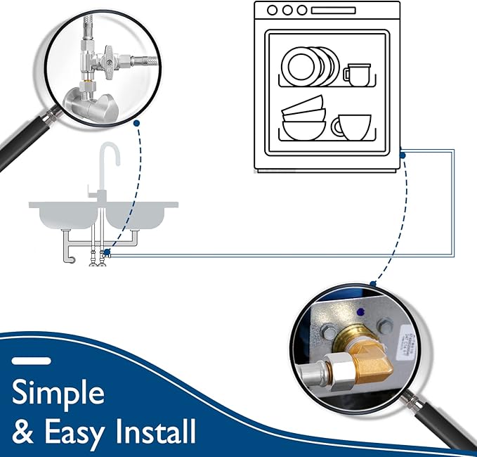 Dishwasher Installation Kit - 8 FT Stainless Steel Braided Dishwasher Hose kit,Food Grade PEX Inner Tube Water Line with 3/8"x 3/8"x 3/8" Tee Stop Valve,3/8"x 3/8"MIP Elbow,3/8"x 3/4"FHT Elbow