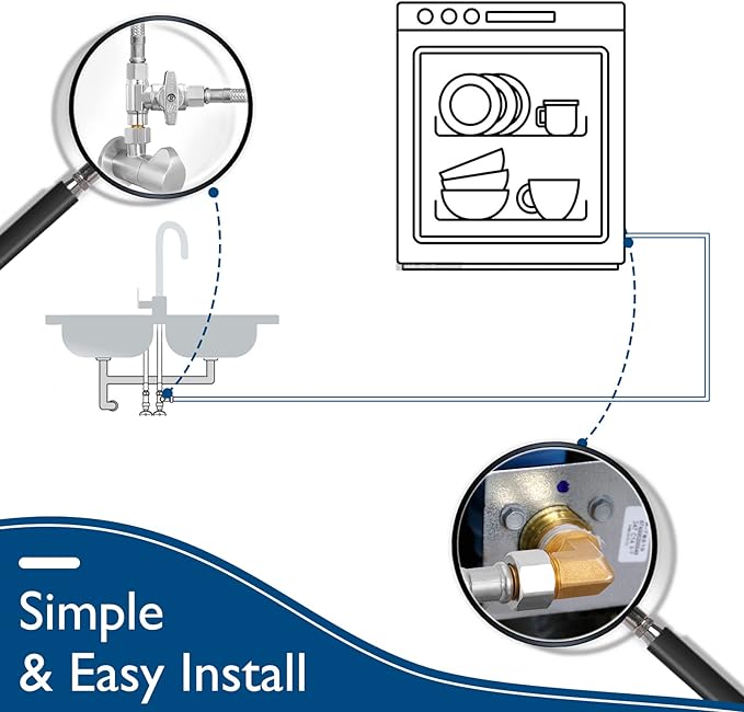 Dishwasher Installation Kit - 6 FT Stainless Steel Braided Dishwasher Hose kit,Food Grade PEX Inner Tube Water Line with 3/8"x 3/8"x 3/8" Tee Stop Valve,3/8"x 3/8"MIP Elbow,3/8"x 3/4"FHT Elbow