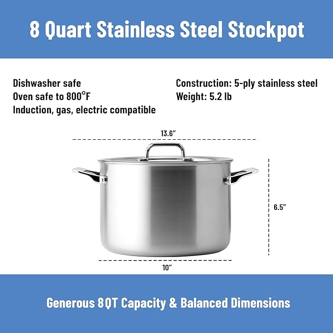 Misen 5-Ply Stainless Steel Stockpot – Large Cooking Pot for Boiling, Simmering & Stewing - Consistent, Even Heating - Durable, Dishwasher Safe – Oven-Safe to 800F, Induction Ready - 8 QT