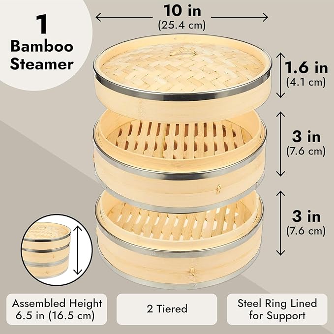 Juvale 2-Tier Steamer Pot Insert with Steel Rings - 10" x 6.5", Beige - Bamboo & Steel Stackable Basket for Rice & Dumpling Steamer for Vegetables