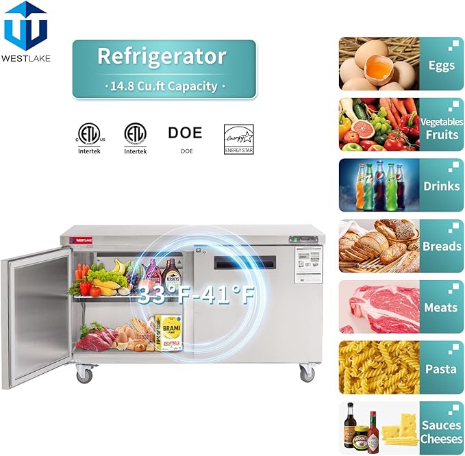 WESTLAKE 60" W Commercial Refrigerator Worktop Undercounter Refrigerator 14.8 Cu.ft Double Door Stainless Steel Counter Fan Cooling Refrigerator Food Prep Station for Restaurant, Bar