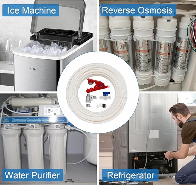 49.2Ft Refrigerator Water Line Kit for 1/4" OD Water Supply Pipe Tube, Ice Maker Fridge Installation Kit with T-piece 3/8x3/8x1/4" Connection Kit for Fridge Ice Maker RO Systems Water Filter Faucet