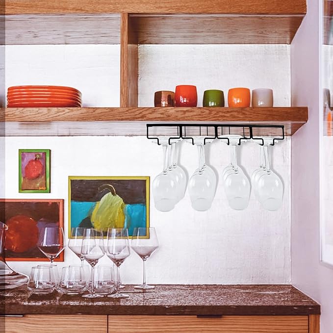 Wine Glass Rack, 2 Pack Under Cabinet Stemware Rack Wine Glass Holder, 4 Rows Black Metal Wine Glass Storage Hanger Under Shelf for Cabinet Kitchen Bar