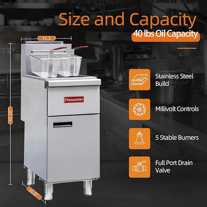 Commercial Gas Floor Fryer with 2 Baskets, 120000 BTU Propane Gas Fryer-Only Commercial Use, 4 Heating Tubes, 55 lb Oil Capacity Deep Fryer for Restaurants, Fast Food, Food Trucks