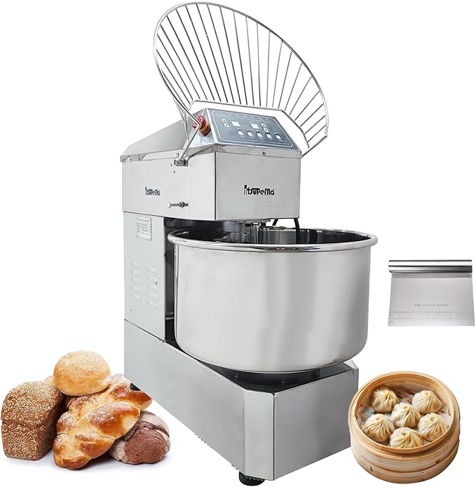INTSUPERMAI Commercial Dough Mixer, 50QT Stand Flour Mixing Machine, Double Action Double Speed, with A Dough Cutter, 110V/2200W Electric Food Stand Spiral Mixer