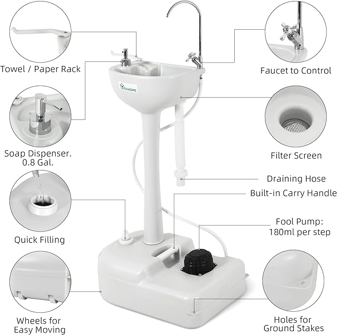 YITAHOME Upgraded Portable Sink Camping Hand Washing Station with 17 L Wash Basin Stand, Rolling Wheels, Soap Dispenser, Towel Holder, for Garden, Outdoor, Travel, Boat, Gather, Indoor, Worksite