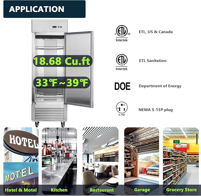 27" Commercial Refrigerator,Single Solid Door Stainless Steel Reach-in Refrigerator 18.68 Cu.ft. Upright Fan Cooling for Restaurant, Bar, Shop, Home, Garage, Business, Kitchen, ETL & DOE