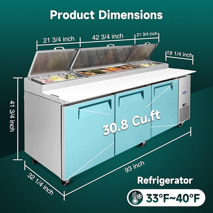 93" Commerical Pizza-Sandwich Prep Table Refrigerator - 3 Door Stainless Steel Refrigerator, 31 Cu.ft Capacity, Low Noise, Adjustable Shelves, Auto Defrost, Digital Temp Control