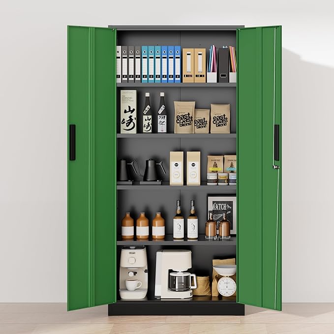 Greenvelly Metal Garage Storage Cabinet with 2 Doors and 4 Adjustable Shelves, 72”H Steel Lockable Storage Cabinet,Tall Metal Cabinet Locking File Cabinet for Office,Home, Garage, Gym, School