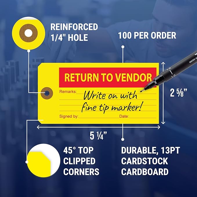 Tags 4 Less Production Quality Control Hang Tags – Equipment Preventative Maintenance Labels, for Easy Record-Keeping for Inventory Status (Return to Vendor, Pack of 100)