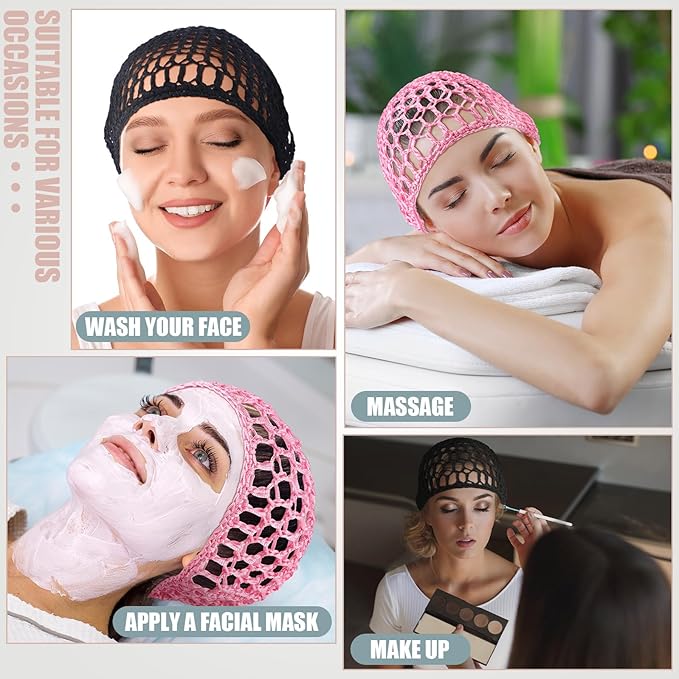 Geyoga 4 Pieces Mesh Crochet Hair Net Rayon Knit Snood Hat Thick Short Women Hairnet Snoods Cover Ornament for Sleeping (Pink,Black)