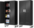 61''H Metal Garage Storage Cabinet with Wheels,Steel File Cabinets with 2 Doors and 3 Adjustable Shelves for Home Office, Warehouse, Required Assembly,Black