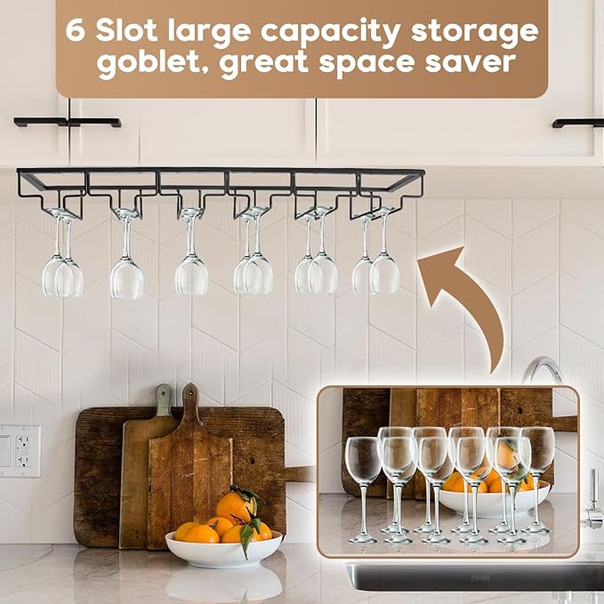 Xverycan Wine Glass Rack Under Cabinet, 6 Row Extreme Large Stemware Hanger, Metal Wine Goblet Holder, DIY Bar Glass Storage Rack for Bar Counter, Kitchen, Screws Included (Black)