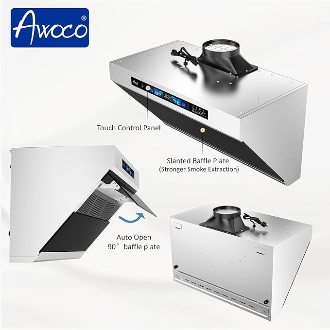 Awoco 36" Under Cabinet Range Hood, Side-Draft Design, 4 Speeds Exhaust Fan with 800 CFM, Voice, Gesture, Touch & Remote Control, 6" Vent, Dimmable LED Light Bars