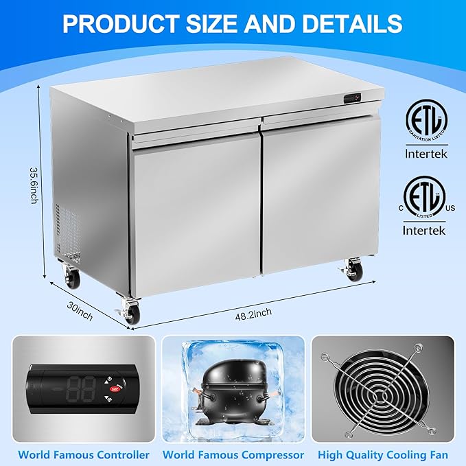 48" W Commercial Undercounter Freezer, 11.1 Cu.ft 2 Door Worktop Under Counter Freezer, Stainless Steel Commercial Kitchen Freezing Equipment for Restaurant, Bar, Shop, etc.