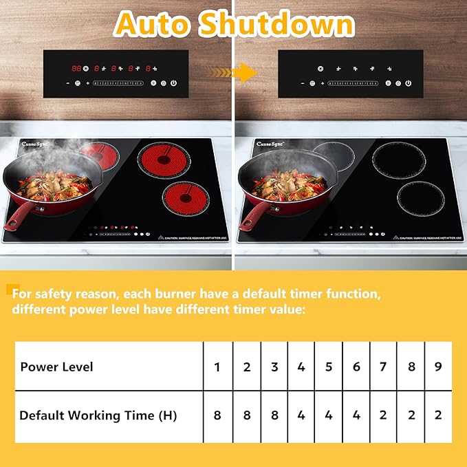 30 Inch Built-In Radiant Electric Cooktop, 4 Burner Smoothtop Stove Top with Expandable Dual Zone, 7200W 240V Hardwired Touch Control, 9 Power Levels, Timer, Child Lock & Hot Surface Indicator