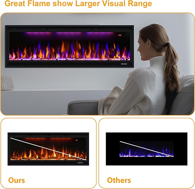 100 inch Smart Electric Fireplace, Wall Mounted Fireplace Insert for Living Room, Realistic Flame Fire w/Multicolor, Large Linear Fireplace Recessed in Wall, Black (100")