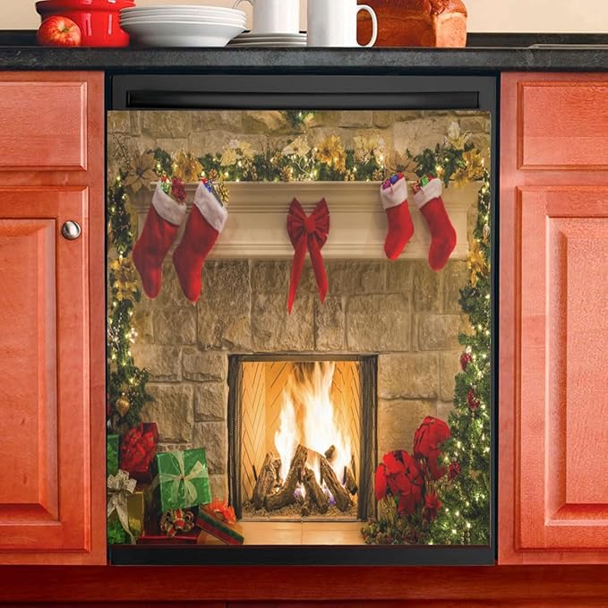 Christmas Dishwasher Cover Panel,Xmas Tree Fireplace Magnet Cover Decal Decorative Magnetic Sticker Washing Machine Cover Home Season Decor,26" x 23"