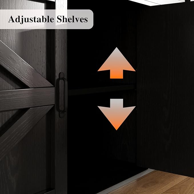 65 Inch Farmhouse Buffet Cabinet with Storage, Black Sideboard Buffet Cabinet with Adjustable Shelves & 3 Drawers, Buffet Table Coffee Bar Wine Bar Storage for Kitchen & Living Room