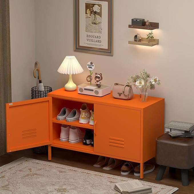 Locker Cabinet,Metal Storage Cabinet with 2 Doors,Morden TV Stand for Living Room,Bedroom,Orange