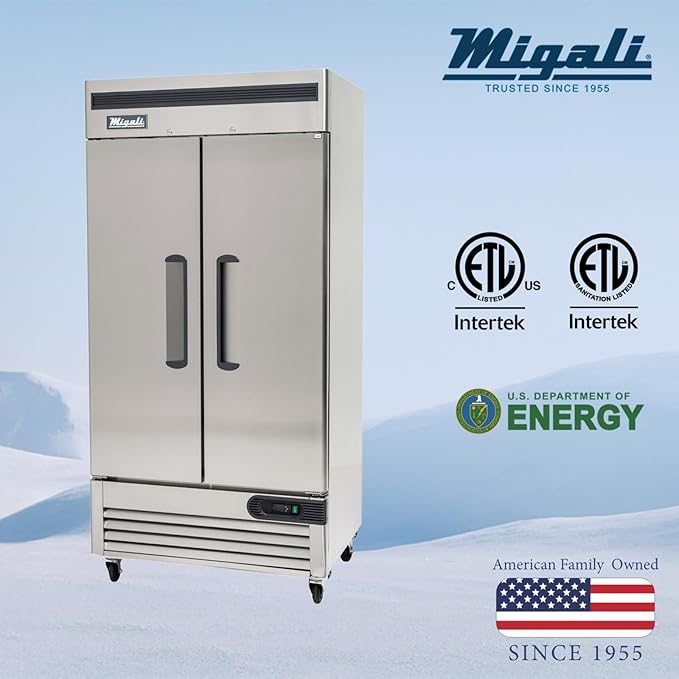 Migali C-2RB-35-HC Two Door Reach-In Refrigerator, 35 cu/ft Space Saving, Stainless Steel Interior and Exterior, Auto Defrost, Door Locks