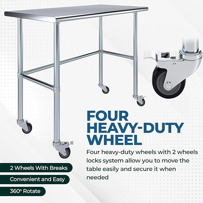 Stainless Steel Work Table Open Base & Wheels | Work Station | Metal Work Bench (Stainless Steel Work Table Open Base + Casters) (72" Long x 24" Deep)