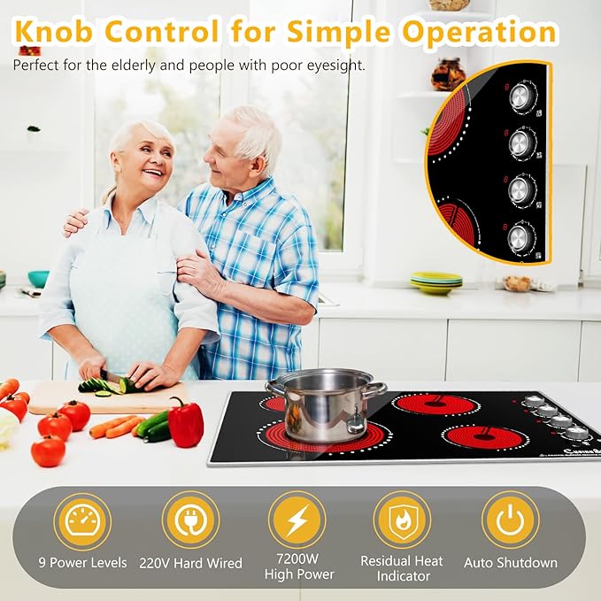 30 Inch Electric Cooktop, 4 Burner Electric Stove Top with 9 Power Levels, Knob Control, Auto shutdown and Residual Heat Warning, 7200W, 220-240V for Hard Wire