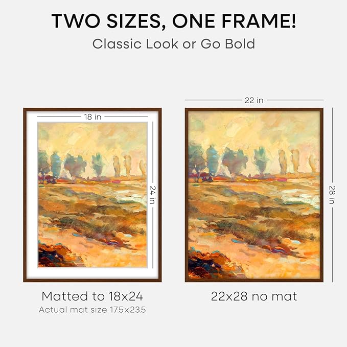 Homeforia 22x28 Poster Frame Walnut, High End Dark Oak 22x28 Large Wooden Picture Frame with Mat 18x24, 22 x 28 Brown Wood Frame Matted to 18 x 24, 28x22 Thin Frame, Tempered Glass, Wall Kit, Set of 2