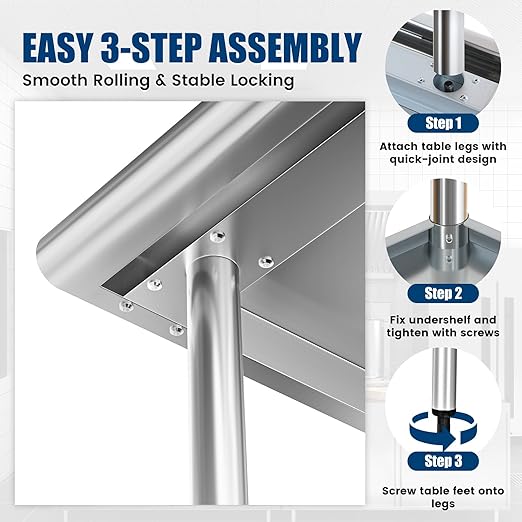 Stainless Steel Work Table 30 x 30 Inch with Adjustable Undershelf, Heavy-Duty Metal Prep Table for Commercial Kitchen & Restaurant, Garage, Outdoor