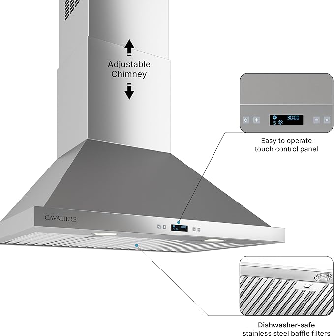 CAVALIERE Wall Mount Range Hood 30 Inch, 3-Year Warranty, Value-Focused 462 CFM Enhanced Stainless Steel, Ducted/Ductless Range Hood Convertible (Kit Included) LED Lights, Baffle Filter, Touch Control
