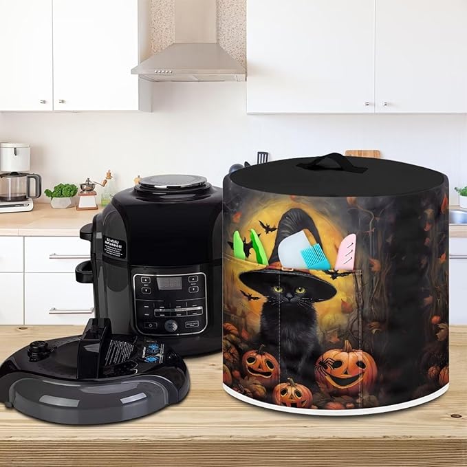 Pressure Cooker Cover for 6 Quart Air Fryer Accessories, Stain Resistant Electric Appliance Cover with Pockets for Halloween Decoration, Black Cat Witch Pumpkin