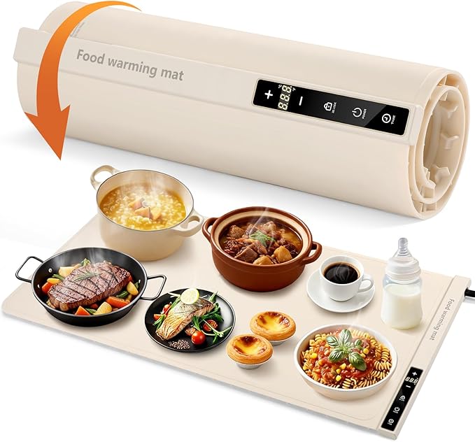 Extra Large Food Warming Mat with Heat - Electric Silicone Food Warming Tray for Buffet, Rollable Food Warmer Mat for Countertop,Heating Mat with Timer and 7 Heat Levels, Rollable Portable Food Warmer