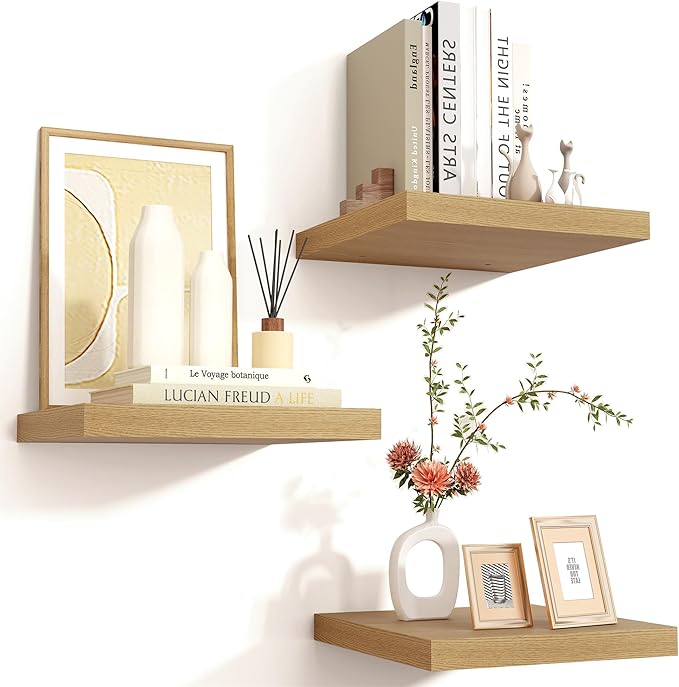Square Floating Shelves for Wall 12"W x 12"D x 1.2"H, Small Engineered Wood Wall Shelves with Invisible Brackets for Living Room Bedroom Bathroom Office Kitchen Storage & Decor, Oak Finish, Set of 3
