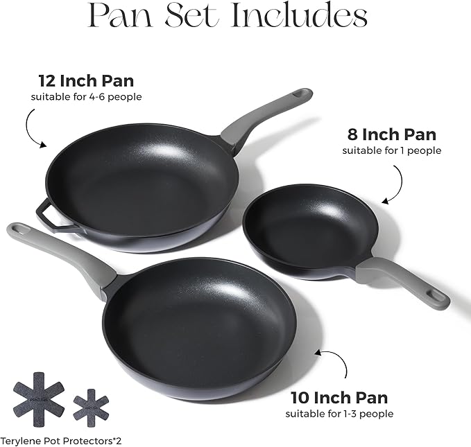 PRICUSIS 5Pcs Nonstick Frying Pan Set, Swiss ILAG Coating, 8+10+12 Inch Induction Compatible, Stay Cool Handle, Fully Coated, 100% Dishwasher Safe, PFOA Free Omelet Pans, Warp Resistant (Black Sesame)