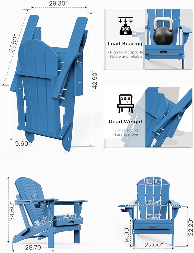 MUCHENGHY Folding Adirondack Chairs HDPE Weather Resistant, Patio Firepit Chairs, Sturdy Outside Chair, Lawn Chairs, 15min Assembly 380lb, Royal Blue