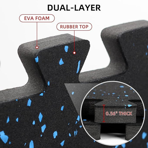 0.56in Thick 96 Sq Ft Exercise Equipment Mats, 24 Tiles Rubber Top EVA Foam Workout Mats, Interlocking Gym Flooring for Home Gym, 24 x 24in, Black & Blue