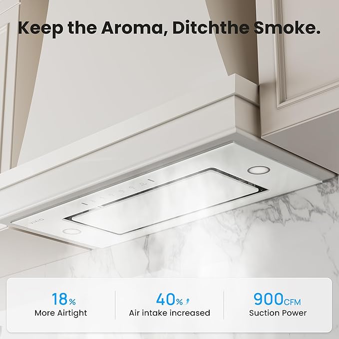 Range Hood Insert 36 inch, 900 CFM Ducted/Ductless Convertible, Stainless Steel & Tempered Glass White 36 inch Built-in Range Hood, With 3-Speed Fan and Gesture Sensing &Touch Control