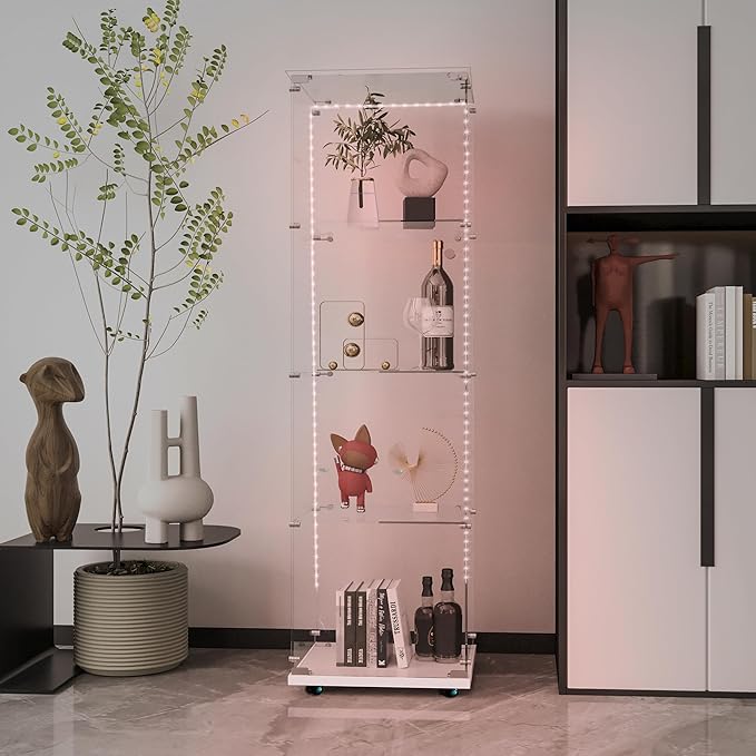 Glass Display Cabinet with LED Light Strip, 4 Shelves with 1 Door, Glass Top Curio Storage Cabinets with Lock & Caster for Living Room, Floor Standing Bookshelf,Quick Installation - White