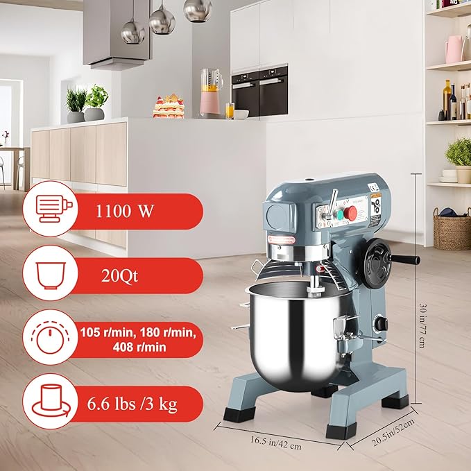 Commercial Mixer 20 QT, 1100W Electric Mixer 3 Speeds Adjustable, Stainless Steel Bowl Heavy Duty Mixer with Safety Guard, Dough Hook Whisk Beater Included, Perfect for Bakery Pizzeria