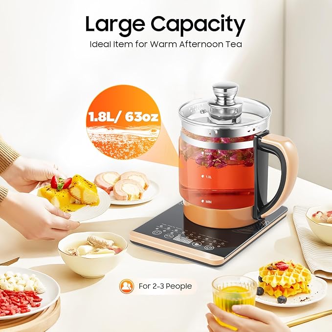 Electric Kettle, 1.8L/0.4Gal Health Pot Electric Tea Kettle with Glass Kettles and Steamed Eggs Holder Smart Fruit Hot Tea Maker with Teas Infuser 18 Cooking Menus Glass Touch Panel