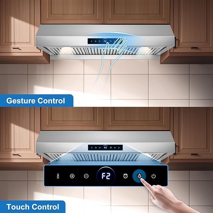 36 inch Range Hood Under Cabinet 1200 CFM with 4-Speed Gesture Sensing & Touch Control, Stainless Steel Kitchen Stove Vent Hoods with 2 LED Lights, Time Setting, Dishwasher-Safe Baffle Filters