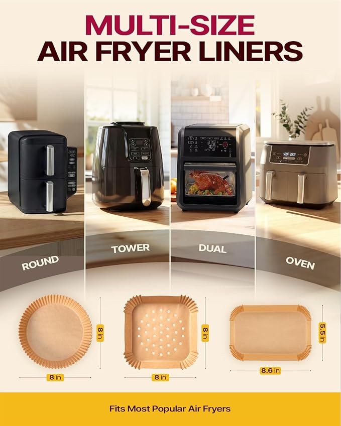 Katbite Air Fryer Liners Disposable - 8 inch Square Non-Stick Perforated Airfryer Paper Liners, Unbleached Parchment Paper for 5 to 8 Qt Basket, Frying, Baking, Cooking, Roasting, Easy Cleanup, 130pcs